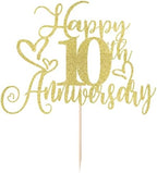 golden Glitter Happy 10th Anniversary Cake Toppers-Wedding Anniversary Party Decorations,gold Wedding Party，Birthday Party Decorations,Company Anniversary Party/10th Birthday Party Decorations (10th)