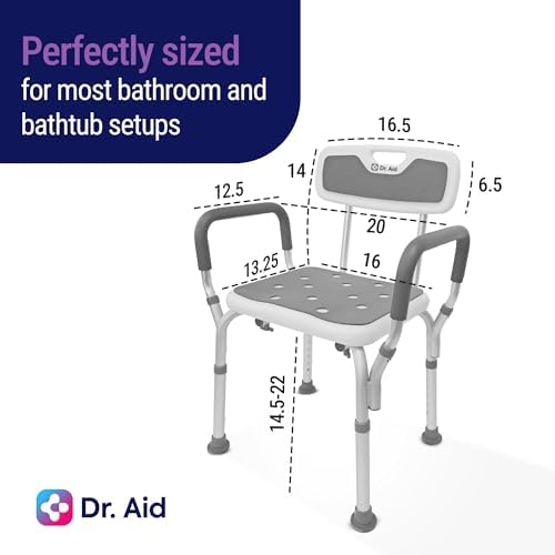 Dr. Aid Shower Chair for Inside Shower - 400 lbs, 6-Height Adjustable Shower Bench with Arms & Back for Adults, Seniors & Disabled - Tool-Free Assembly, Anti-Slip Bathroom Seat for Tub & Small Showers