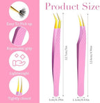 Lash Tweezers for Eyelash Extensions, 2 Pcs 90 Degree Fiber Tip Eyelash Extension Tweezers, Pink, False Lashes & Volume Lash, 2Pcs Set, For Lashes Technicians