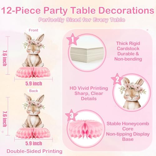 12 Pcs Girl Woodland Baby Shower Decorations - Pink Woodland Baby Shower Centerpieces for Tables - Woodland Animals Honeycomb Table Decor with Fox Deer Bunny Owl for Girl Baby Shower 1st Birthday