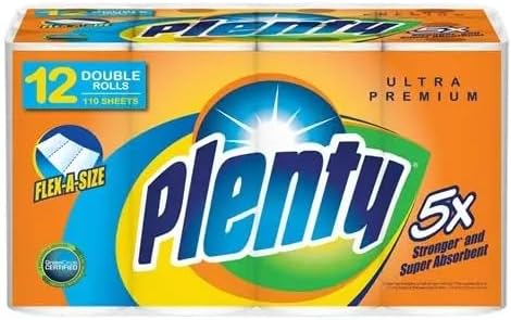Plenty Ultra Premium 2-Ply Paper Towels, 5X Stronger Super Absorbent Strong & Durable Flex-A-Size (12 Double Rolls, 110 Half Sheets Per Roll, 11" x 5.9" Each Half Sheet)