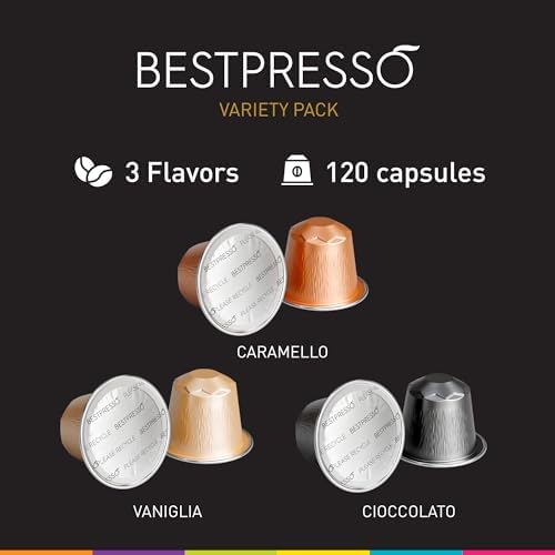 Bestpresso Coffee for Nespresso Original Machine 120 Aluminum pods Certified Genuine Espresso Variety Pack Caramel,Vanilla and Chocolate