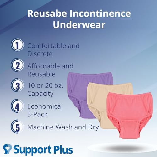 SUPPORT PLUS Womens Incontinence Underwear Washable Reusable 10 oz. Color 3 Pack - Large