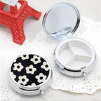 Pill Box 3 Compartment Pocket Cute Small Pill Organizer Mini Metal Pill Holder Travel Portable for Woman Old People and Children - White Flower