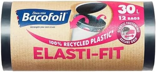 Bacofoil Elasti-Fit Bin Liners with Drawstring Handles 30L - Leak-Proof Bin Bag with Elastic Fastening for a Secure Fit (3 Rolls, 36 Bags)…