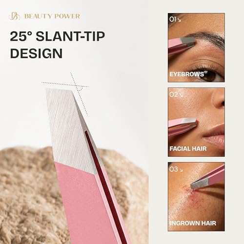 Beauty Power Professional Tweezers Set – Slant & Point, Ultra Precision German Stainless Steel Tweezers for Eyebrows, Chin, Ingrown Hair & Facial Grooming – Lightweight with Case - Gift Idea - Pink
