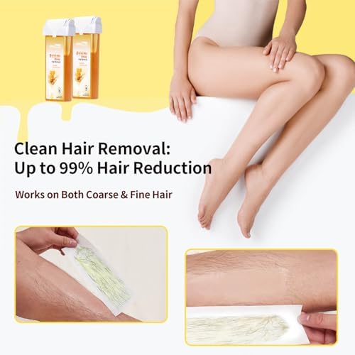 Waxfans Roll On Wax Refill,Waxing Roller Refill for Hair Removal,100% Natural,Quick Melting - For Coarse and Fine Hairs.with 3.53 Ounce(Pack of 4) Honey Wax Rollers, 50 Strips（Yellow)