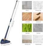 Rotating Triangle Mop with 2 Microfiber Heads, 360° Self-Squeezing Floor Mop for Wet and Dry Use, Foldable, Extendable Handle, Super Absorbent for Hardwood, Tile, Kitchen (Blue)
