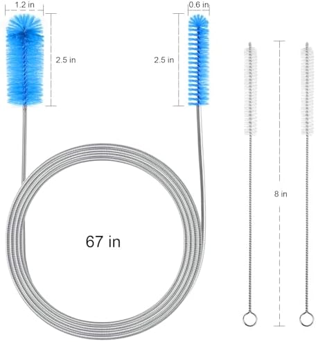Flexible Long Drain Brush, Double Elastic Ended Nylon Cleaner Hose Tube Pipe Brush 67 inch Stainless Steel and 2 Pcs of 8 inch Straw Cleaning Brush (Blue)