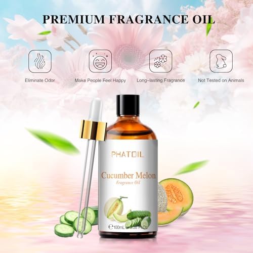 PHATOIL 3.38FL.OZ Cucumber Melon Fragrance Oils for Aromatherapy, Essential Oils for Diffusers for Home, Perfect for Diffuser, Yoga, Skin Care, DIY Candle and Soap Making - 100ml