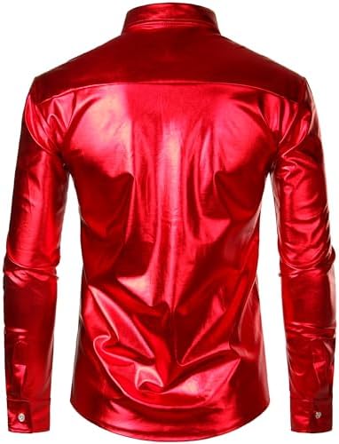 ZEROYAA Men's Shiny Metallic Sequin Long Sleeve Button Down Shirts for Halloween Cosplay Party