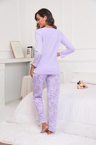 PNAEONG Women's Cotton Long-Sleeve Tops and Full-Length Pajama Set Two-Piece Pjs with Pockets SY008