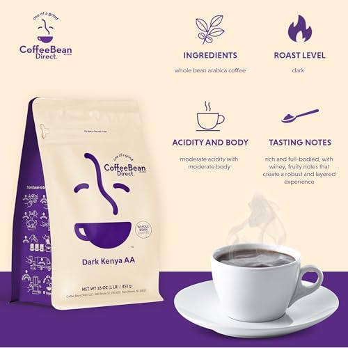 Coffee Bean Direct Dark Kenya AA, Whole Bean Coffee, Specialty Grade Coffee, Dark Roast, 1 Pound Bag (Pack of 1)