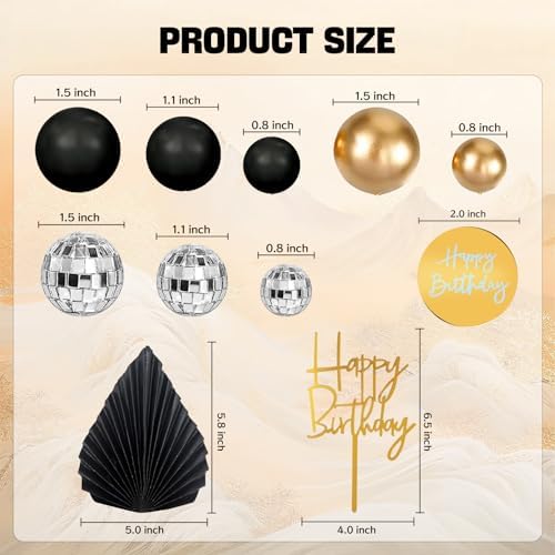 MEMOVAN 25pcs Man Cake Topper Disco Ball Cake Topper Black & Gold Balls Palm Leaves Black Gold Boho Cake Decorations for Man Boy Bohemian Black Theme Wedding Baby Shower Birthday Party