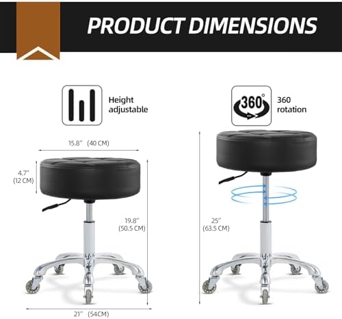 Rolling Stool with Wheels Adjustable Height, Roller Stool for Massage Medical Tattoo Spa Heavy Duty Swivel Desk (Super Thick Cushion, Black)