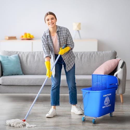 HOMCOM Commercial Mop Bucket with Side Press Wringer on Wheels for Floor Cleaning, 21 Quart, Separate Dirty and Clean Water, for Home Apartment Small Business and Office, Blue