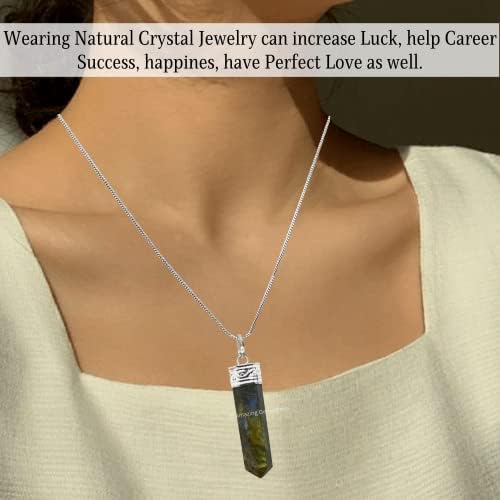 Amazing Gemstone Labradorite Crystal Pencil Point Pendant Necklace with Adjustable Cord - Natural Healing Crystals and Stones for Men, Women