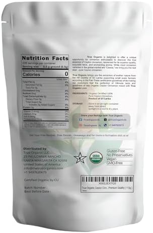 True Organic Ceylon Cinnamon Sticks, 04 Ounces, USDA Organic & Kosher Certified, Non-GMO, Ceylon Cinnamon Stick, Pure Ceylon Quality.