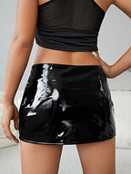 WDIRARA Women's Low Waist Pu Leather Club Bodycon Mini Skirt with Garter Belts