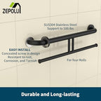 24 inch Black Grab Bar w/Double Roll Toilet Paper Holder, Zepolu 2-in-1 Safety Assist Bar Balanced Support Handle, Stainless Steel Wall Mounted Bathroom Toilet Grab Bar for Senior Elderly Handicap