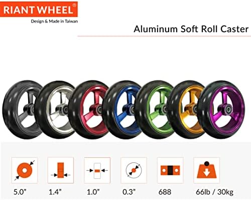 RIANTWHEEL, 5 X 1.4 inch, Solid, PU Wheels, Wheelchair Casters, Aluminum Rim, one Pair (Red)