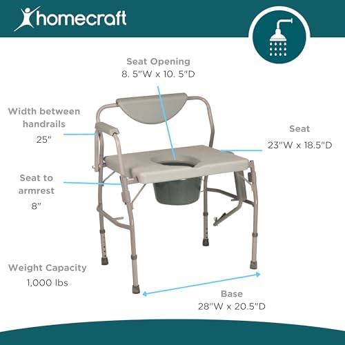 Homecraft Deluxe Bariatric Drop Arm Commode, 1000 lb Weight Capacity, Extra Wide Seat with Adjustable Height, Bedside or Over Toilet Use, Drop Arms for Easy Transfers, Includes Splash Guard & Bucket