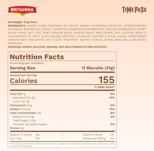 Britannia Time Pass Classic Salted Biscuits | Family Pack- 312 GM(11 oz)- 8 * 39gm | Light & Crispy Snack Perfect Tea-Time Treat