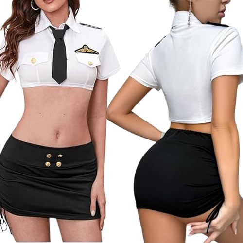 Women's Sexy Flight Attendant Lingerie Costume Role Play Cosplay Outfit Adult Pilot Uniform Crop Top Mini Skirt Tie Halloween Clubwear Party Valentine's Day