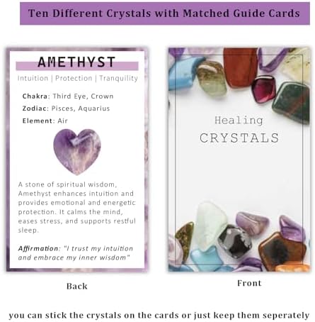 Heart-Shaped Healing Crystals Set – 10PCS Natural Crystal Hearts, Amethyst & Rose Quartz Gemstones with Card Deck, Spiritual Gifts for Women & Beginners