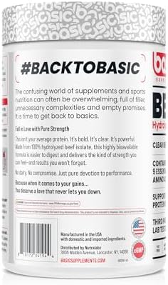 BASIC SUPPLEMENTS Hydrolyzed Clear Beef Isolate Protein Powder, 27g Protein, 9 Essential Amino Acids, Fat-Free, Dairy-Free, Sugar-Free, Latose-Free, Supports Muscle Protein Synthesis