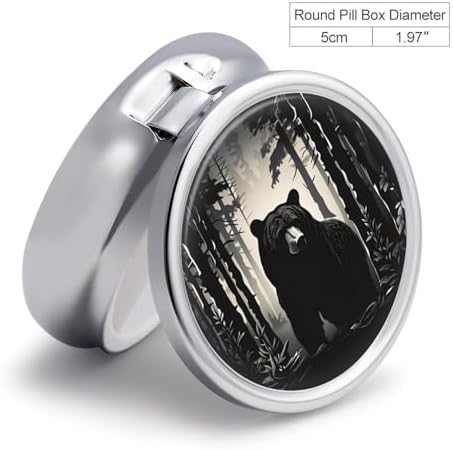 Jungle Black Bear Pill Box, Small Pill Organizer with 3 Compartments and Mirror, Fun Round Portable Travel Metal Pill Case for Pocket Or Purse