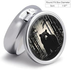 Jungle Black Bear Pill Box, Small Pill Organizer with 3 Compartments and Mirror, Fun Round Portable Travel Metal Pill Case for Pocket Or Purse