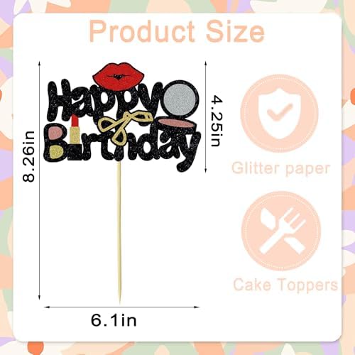 1PC Makeup Happy Birthday Cake Decoration, Powder, Eyelash Curler, Lipstick Glitter Cake Decor for Girls or Women Spa Themed Parties