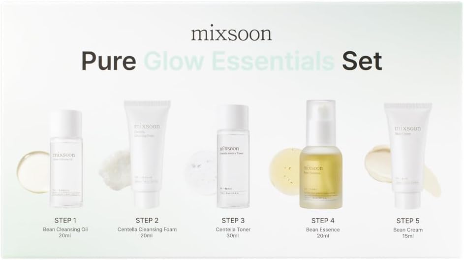 mixsoon Pure Glow Essentials Set - 5-Step Skincare Kit - Travel kit, Travel size kit, Hydrating Skincare Gift Set (15ml*1+20ml*3+30ml*1) Korean Glass Skin Care