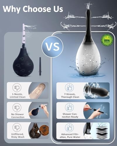 Anal Douche Enema Bulb Kit for Men - 8.3oz, Anti-Backflow & Leakproof, Flexible Silicone Tube, 7 Spouts, Shower-Connected, Portable Douche for Travel and Home, Black