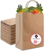 57 Lb Large Kraft Paper Grocery Bags with Handles - 50 Count 12 x 17 x 7 - Durable, Reusable & Eco-Friendly Shopping Bags, Brown Kraft Take-Out Bags for Retail, To-Go, Any Occasion (50, With Handles)