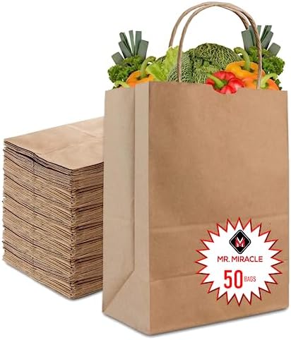 57 Lb Large Kraft Paper Grocery Bags with Handles - 50 Count 12 x 17 x 7 - Durable, Reusable & Eco-Friendly Shopping Bags, Brown Kraft Take-Out Bags for Retail, To-Go, Any Occasion (50, With Handles)