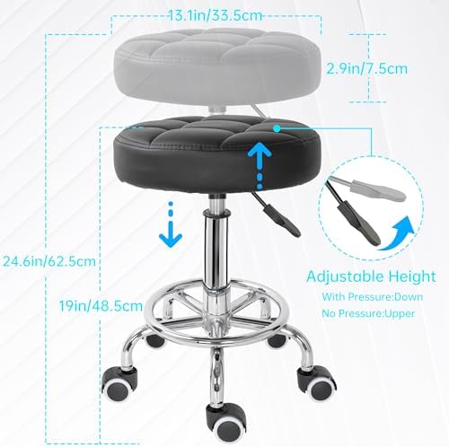 IBVIVIC PU Leather Rolling Stool Height Adjustable Round Swivel Stools for Spa Salon Massage Work Chair with Foot Rest Black