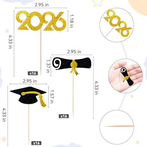 Graduation Cupcake Toppers 48 PCS – Pre-Assembled Class of 2026 Cupcake Picks, Black Gold Grad Cap Cake Decorations for Graduation Party Supplies
