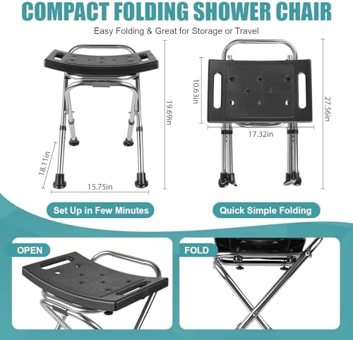 Folding Shower Chair Seat,Height Adjustable Shower Chair Seat,Stainless Eligible Shower Chair for Inside Shower,400lbs Portable Travel Shower Stool,Safety Anti-Slip Bath Chair for Seniors(Black)