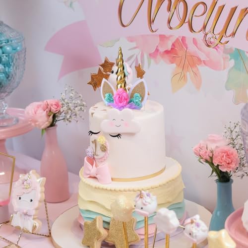 Unicorn Cake Topper,Handmade Party Cake Decoration Supplies with Eyelashes and stack,Reuasble Gold Horn for Birthday Party,Baby Shower, Wedding