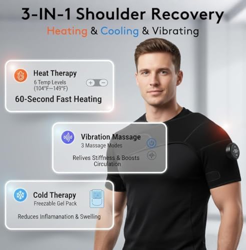 Cordless Shoulder Heating Pad with Vibration & Cold Gel Pack, Heat, Cool&Massage Support Wrap 6 Heat Level, 3 Vibration Mode, Adjustable Neoprene Shoulder Brace for Rotator Cuff Pain Relief Men&Women
