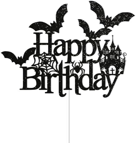 Bat Happy Birthday Cake Topper - Halloween Birthday Cake Decorations, Spooky Haunted House Bday Cake Topper, Happy Halloween Cake Decor Black Glitter