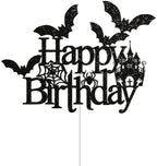 Bat Happy Birthday Cake Topper - Halloween Birthday Cake Decorations, Spooky Haunted House Bday Cake Topper, Happy Halloween Cake Decor Black Glitter