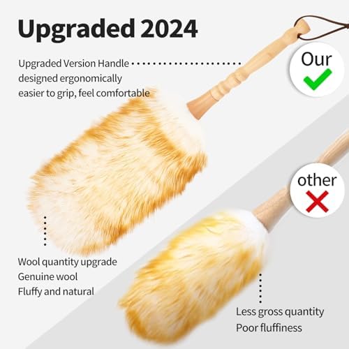 Lambswool Duster with Solid Wooden Handle,Leather Hang Strap,Comfortable Grips 19.6 inch Long Natural Feathers Dusters for Cleaning Wall Plant Desk Blind Cleaner Duster Tool