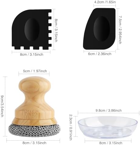 Cast Iron Scrubber and Scraper,Chain Mail Cleaner with Bamboo Handle & Draining Tray,316 Stainless Steel Brush for Cleaning Pots,Pans,Wok,Bakeware,Griddles, Grills,Dishes (Small Chain Mail)