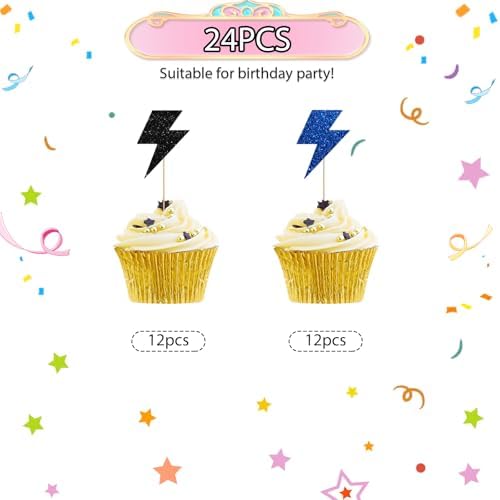 24pcs Lightning Cupcake Toppers, Lightning Bolt Cupcake Toppers, Black&Blue Glitter Weather Cake Decoration for Baby Shower, Lightning Weather Themed Birthday Party Supplies