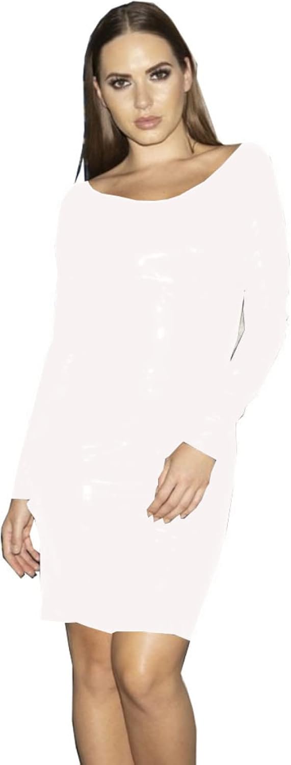 Long Sleeve Women Dress Faux Leather Pencil Dress for Women Fashion O-Neck Elegant Dresses Sexy Slim Bodycon Dress Plus Size,White,XXXL