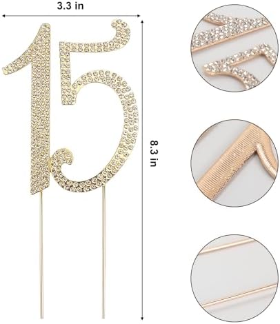 15th Birthday Cake Topper, Gold Sparkly Bling Number 15 Cake Decoration with Crystal Rhinestones for Anniversary Party Decor