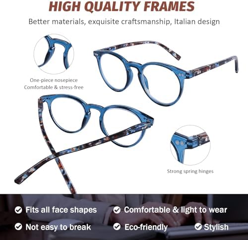 DOOViC Reading Glasses Blue Light Blocking 4 Pack Fashion Round Computer Readers for Women Men Anti Eye Strain Blue Light Reading Glasses 1.25